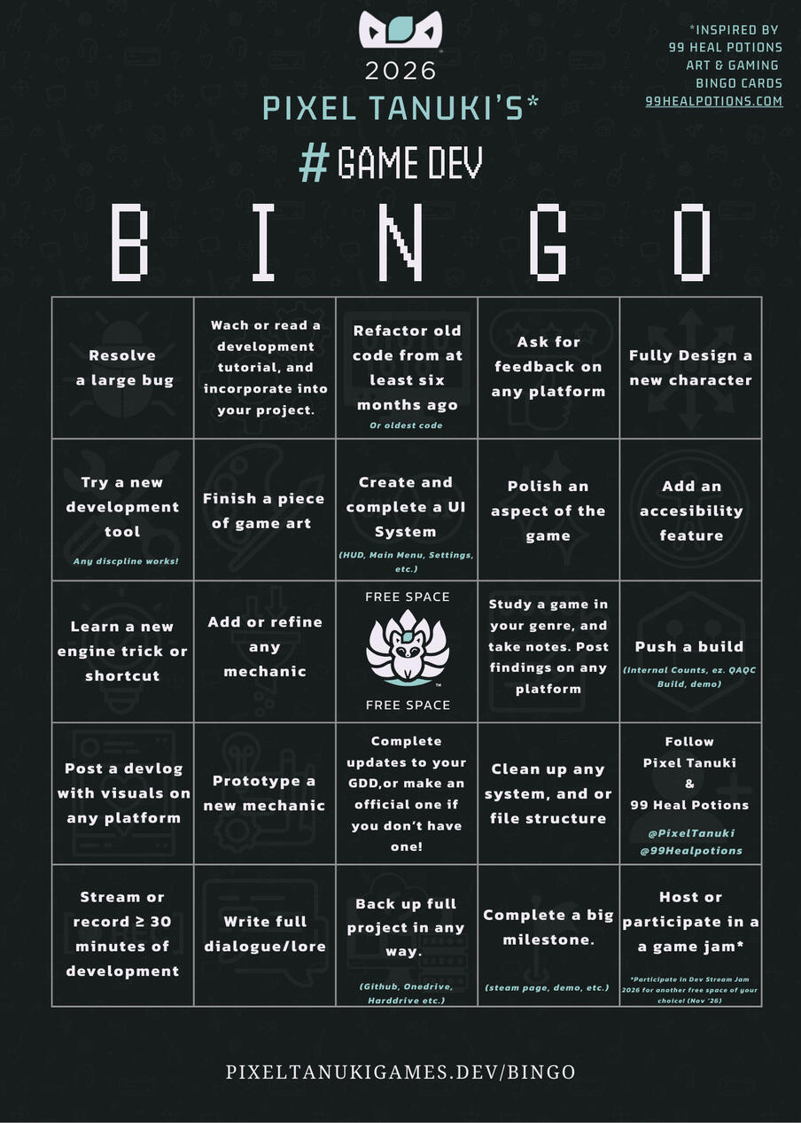 Pixel Tanuki Game Dev Bingo Card
