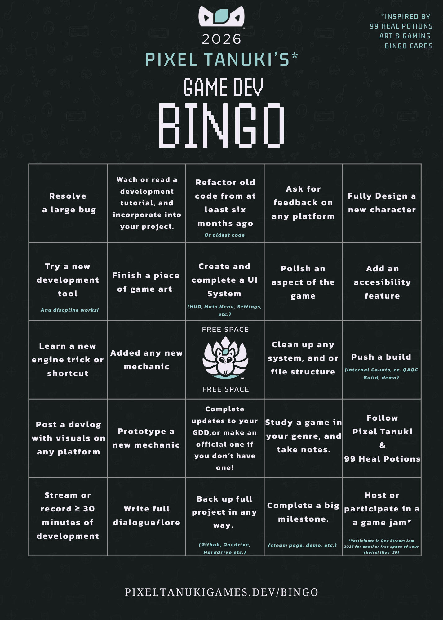 Pixel Tanuki Game Dev Bingo Card